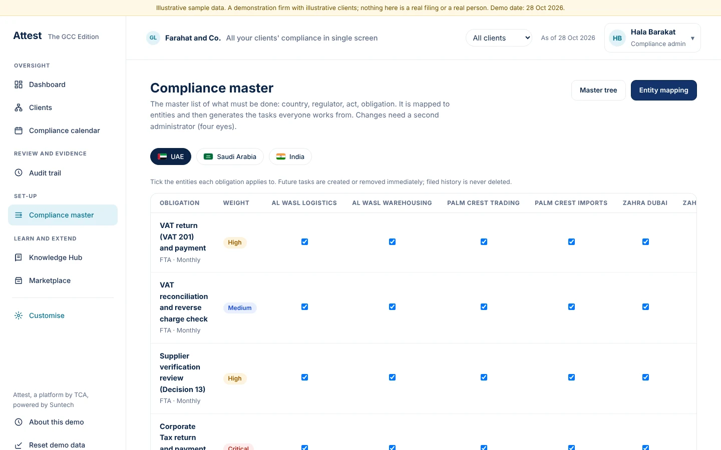 Tick the client entities each obligation applies to, and the tasks follow