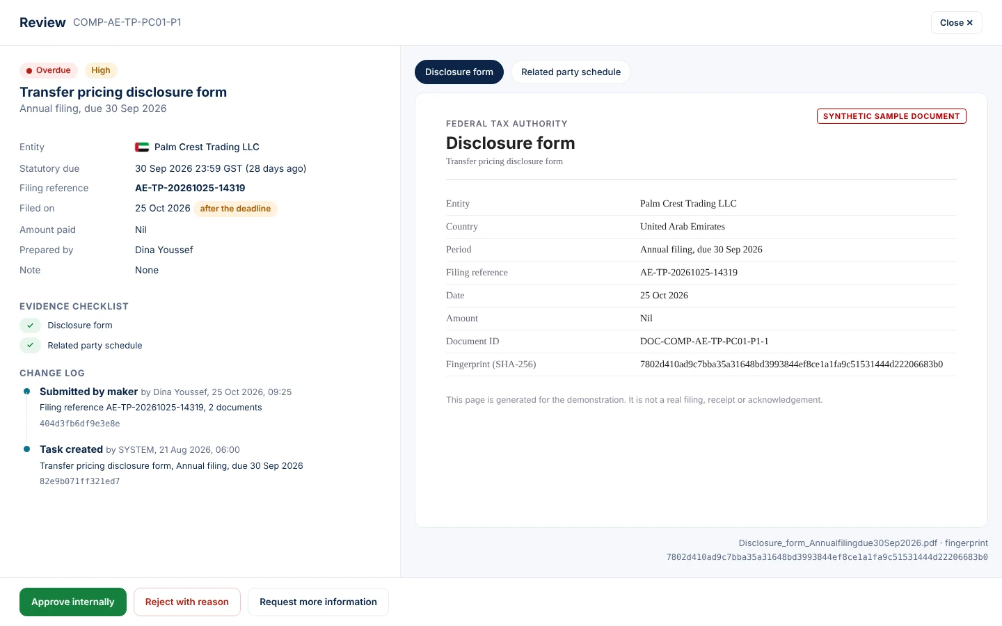 A split screen shows the details on the left and the document on the right